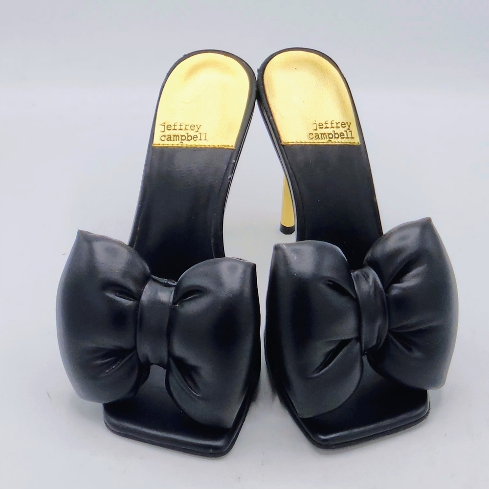 Jeffrey Campbell Bow-Down High Heel Slide Sandals In Black And Gold Size 7 - Picture 4 of 16
